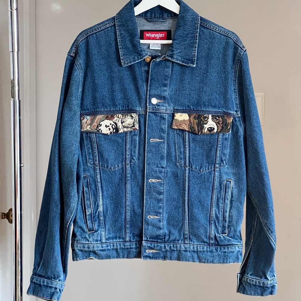 Vintage 90s Wrangler Hero Blue Denim Jacket withTapestry Dog Print